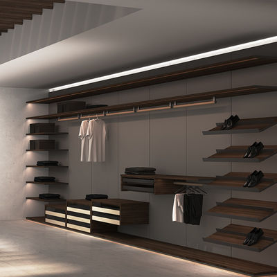 Pintu geser master berjalan di lemari furnitur kayu aluminium dengan LED linier